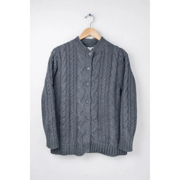 LL Bean Cable Knit Cardigan Women's Large Gray 100% Cotton Full Button Front - Picture 1 of 10